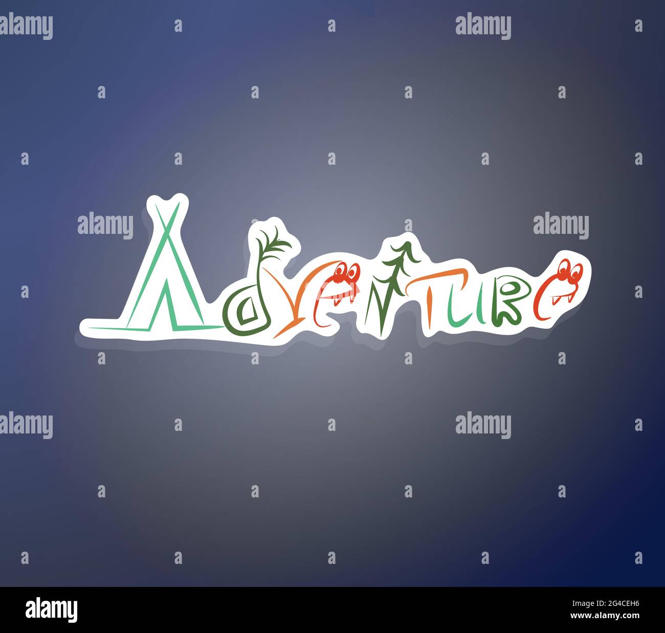 Das Abenteuer ist mit Symbolen verschlüsselt. Lustige Schriftzüge. Mehrfarbige Buchstaben. Lustige Inschrift. Aufkleber im Doodle-Stil. Vektorgrafik Skizze dr Stock Vektor