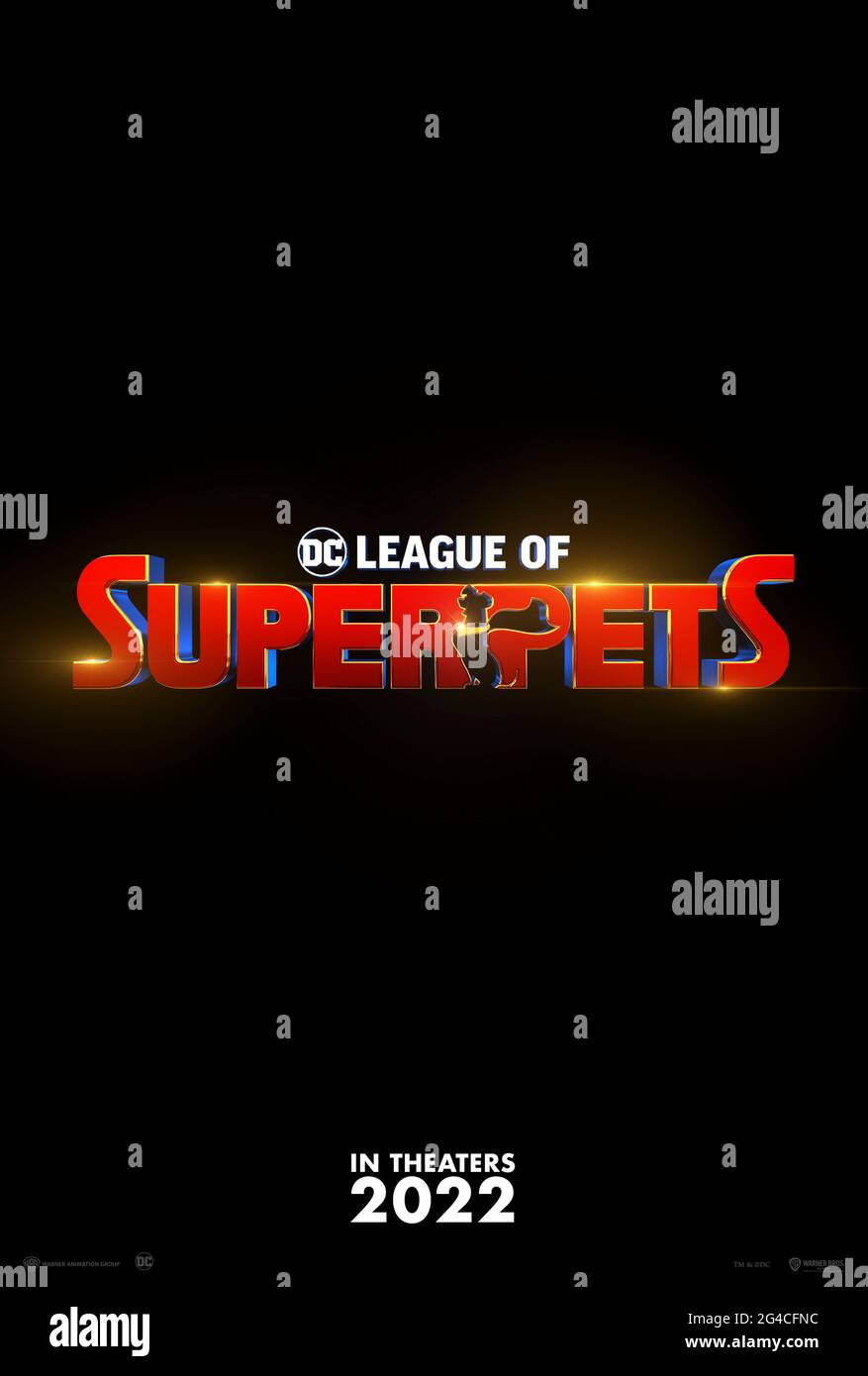Super Pets (2022) unter der Regie von Jared Stern und Sam Levine mit John Krasinski, Keanu Reeves und Dwayne Johnson. Anstehende Animation über Supermans Hund, der sich mit einer fliegenden Katze zusammenarbeitet, um das Verbrechen zu stoppen, während sein Meister im Urlaub ist. Stockfoto