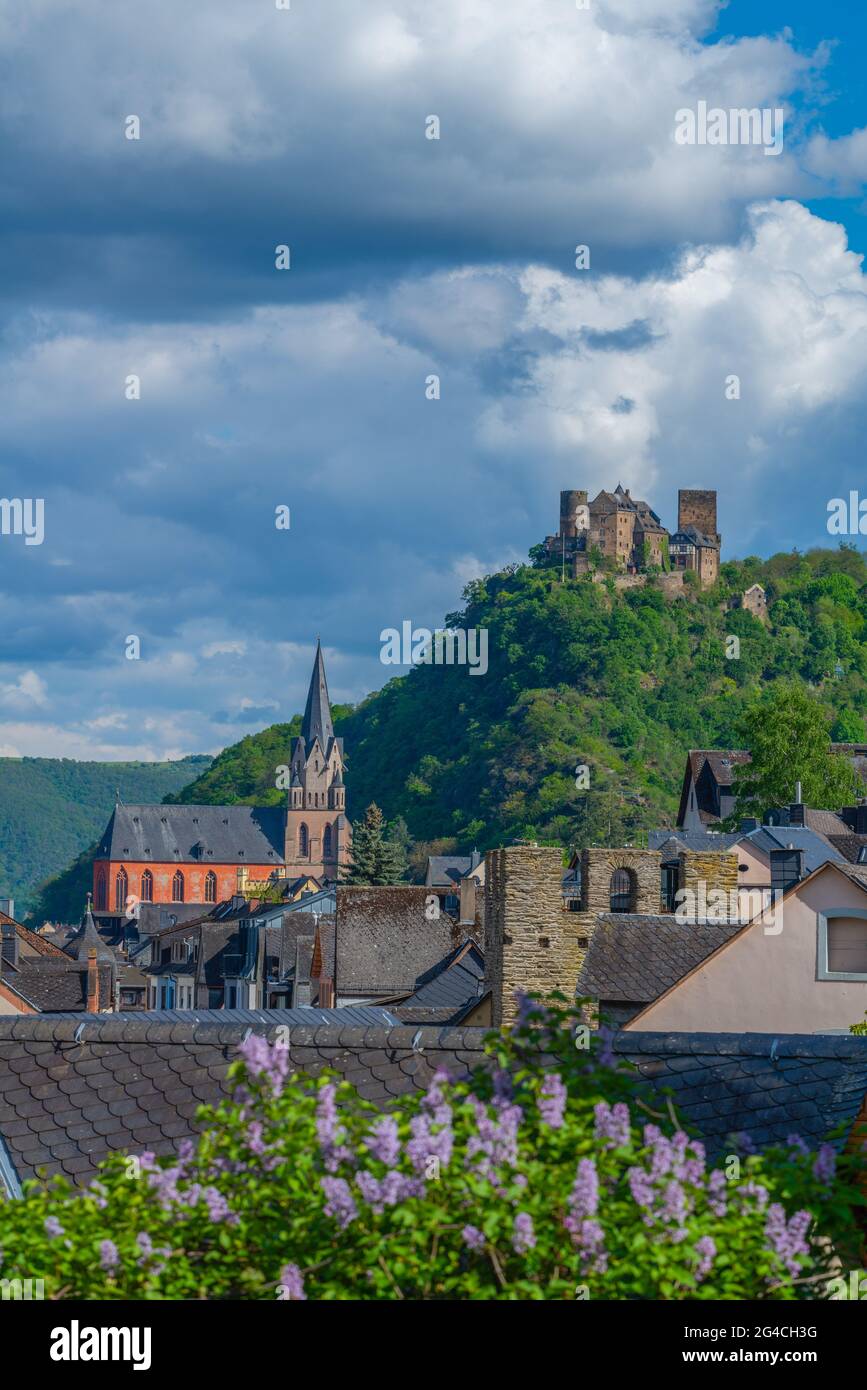 Schloss Schönberg über der gut erhaltenen mittelalterlichen Stadt Oberwesel, UpperMittelrheintal, UNESCO-Weltkulturerbe, Rheinland-Pfalz, Deutschland Stockfoto