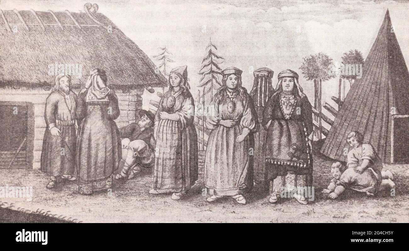 Estnische Bauern. Der Stich aus dem 18. Jahrhundert. Stockfoto