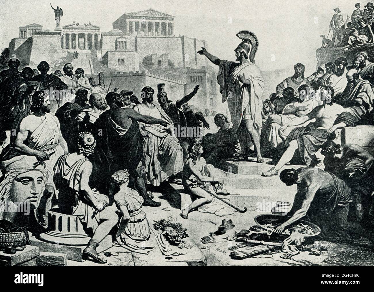 Diese Abbildung aus dem Jahr 1899 zeigt Pericles, die sich an die Athenen wenden, wie sie von Philipp Foltz (deutscher Geschichtsmaler - gestorben 1877) dargestellt wurde. 'Pericles Beerdigung' ist eine berühmte Rede aus Thukydides' Geschichte des Peloponnesischen Krieges. Die Rede wurde von Pericles, einem bedeutenden Politiker Athens, am Ende des ersten Jahres des Peloponnesischen Krieges gehalten, als Teil der jährlichen öffentlichen Beerdigung für die Toten des Krieges. Das Jahr war 431 v. Chr.. Stockfoto