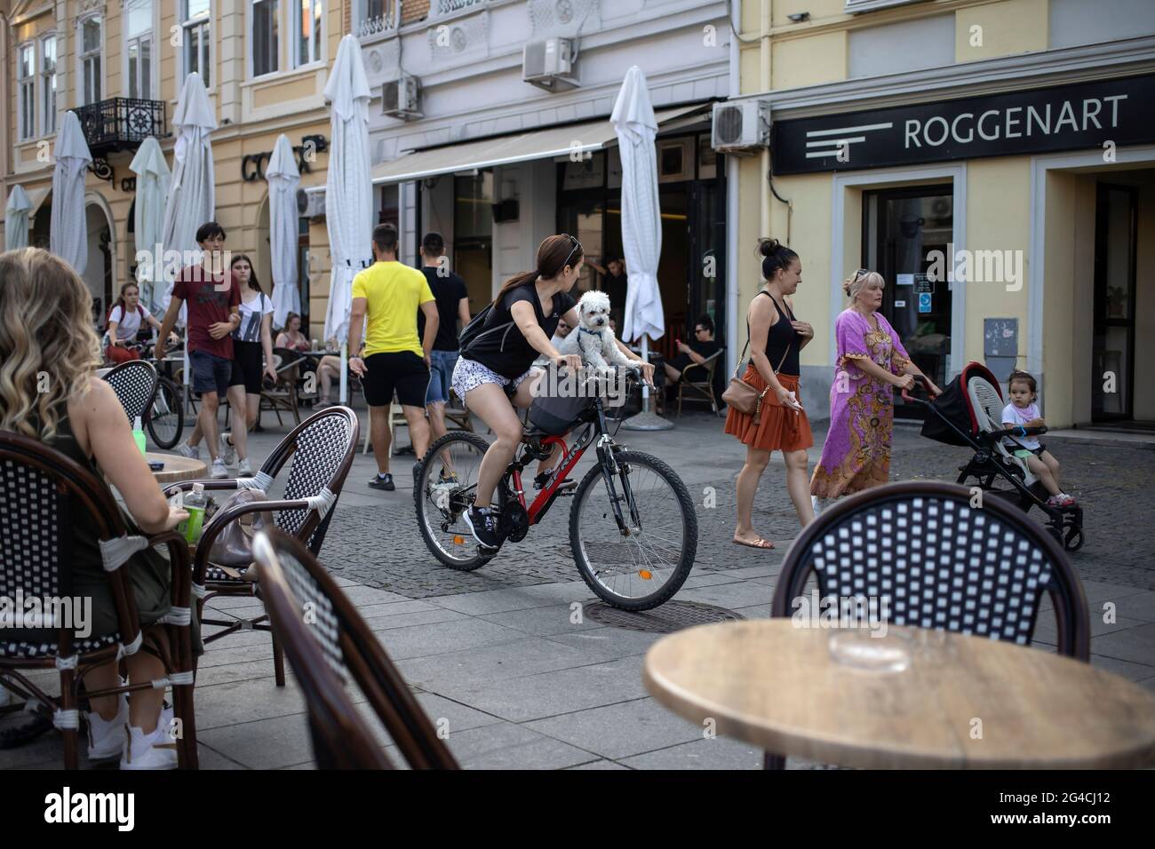 Belgrad, Serbien, 20. Jun 2021: Die junge Frau fährt mit einem Bichon-Hund im Korb die farbenfrohe Gospodska-Straße in Zemun entlang Stockfoto