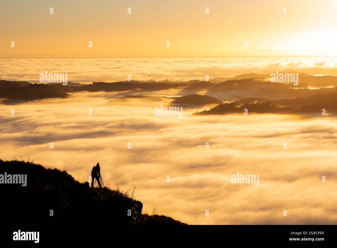 Landschaftsfotograf beim Fotografieren von Sonnenaufgang und Morgennebel auf dem Mata Peak, Hawke's Bay, Neuseeland Stockfoto