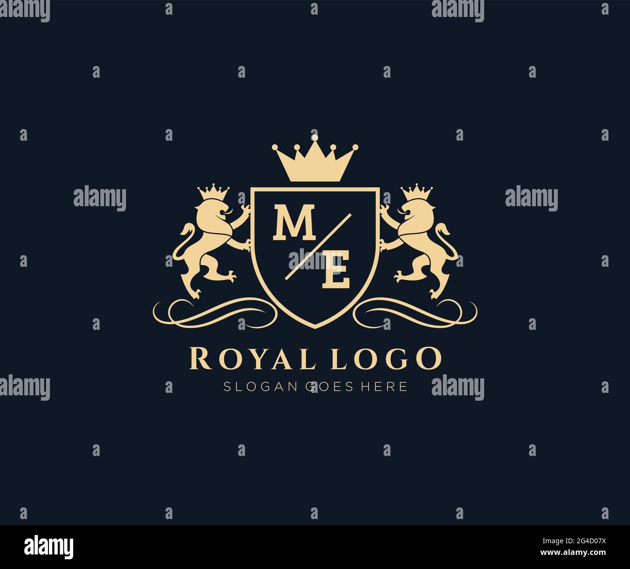 ME Letter Lion Royal Luxury heraldic, Crest Logo Vorlage in Vektorgrafik für Restaurant, Royalty, Boutique, Cafe, Hotel, Heraldik, Schmuck, Mode und Stock Vektor