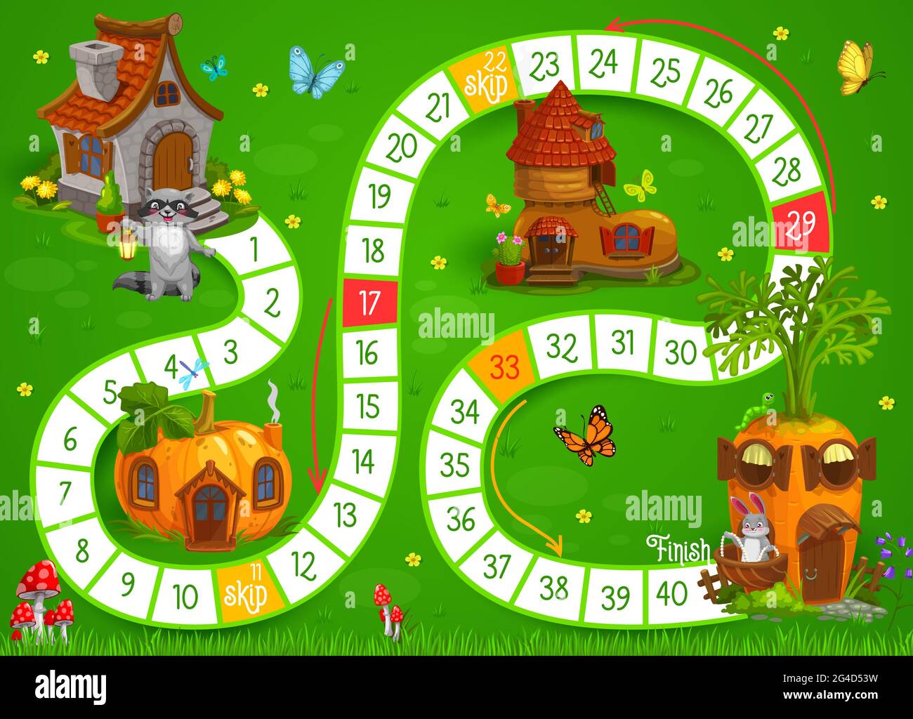 Cartoon Tiere und Feenhäuser Vektor Kinder Brettspiel oder Puzzle. Pädagogische Würfel-Spiel, Puzzle, Rätsel oder Labyrinth auf dem Hintergrund der Märchenstadt mit b Stock Vektor