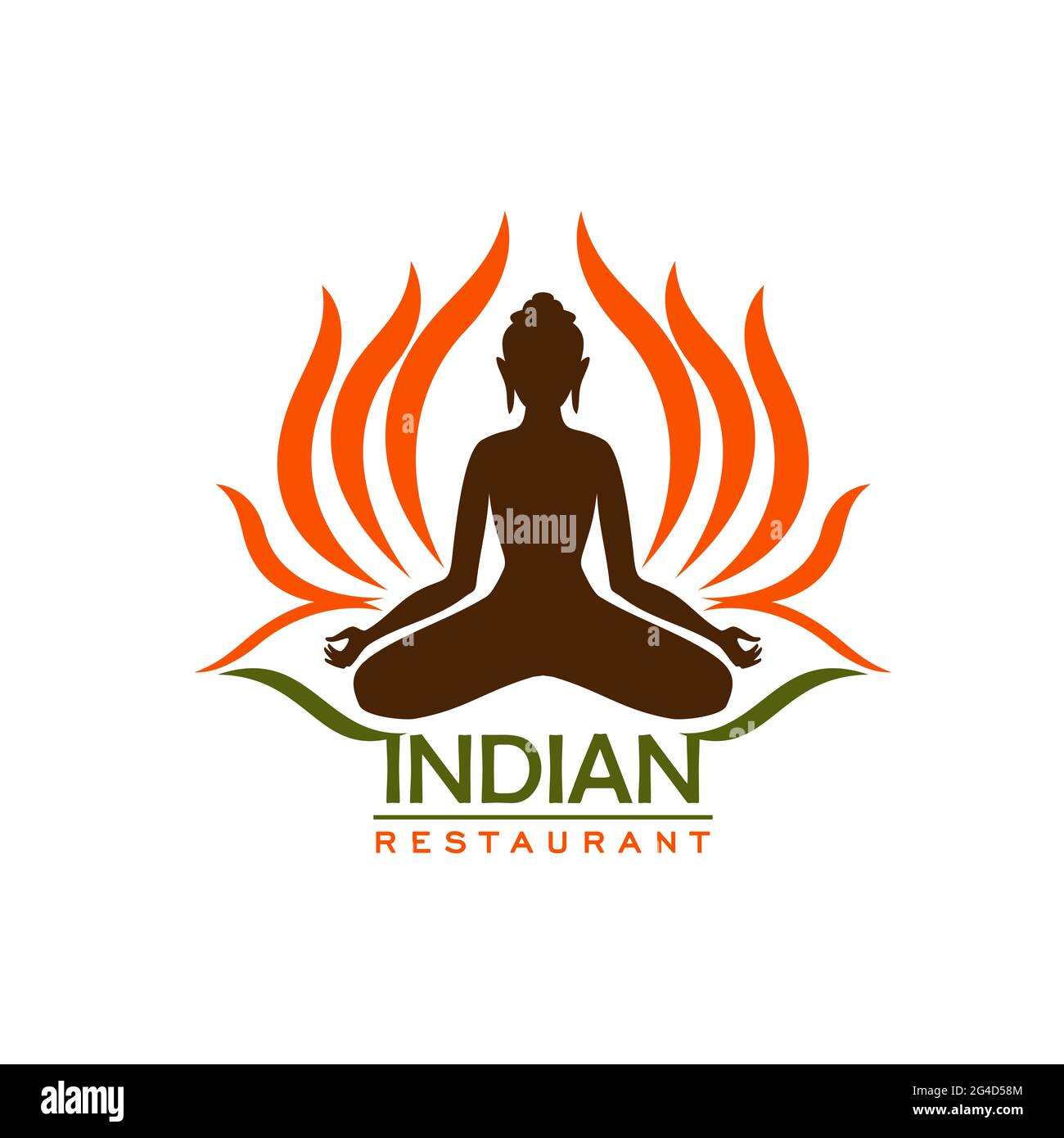 Indisches Restaurant Vektor-Ikone der asiatischen Küche und der traditionellen indischen Küche. Heilige Lotusblume mit orangefarbenen und grünen Blütenblättern und Silhouette von Buddh Stock Vektor