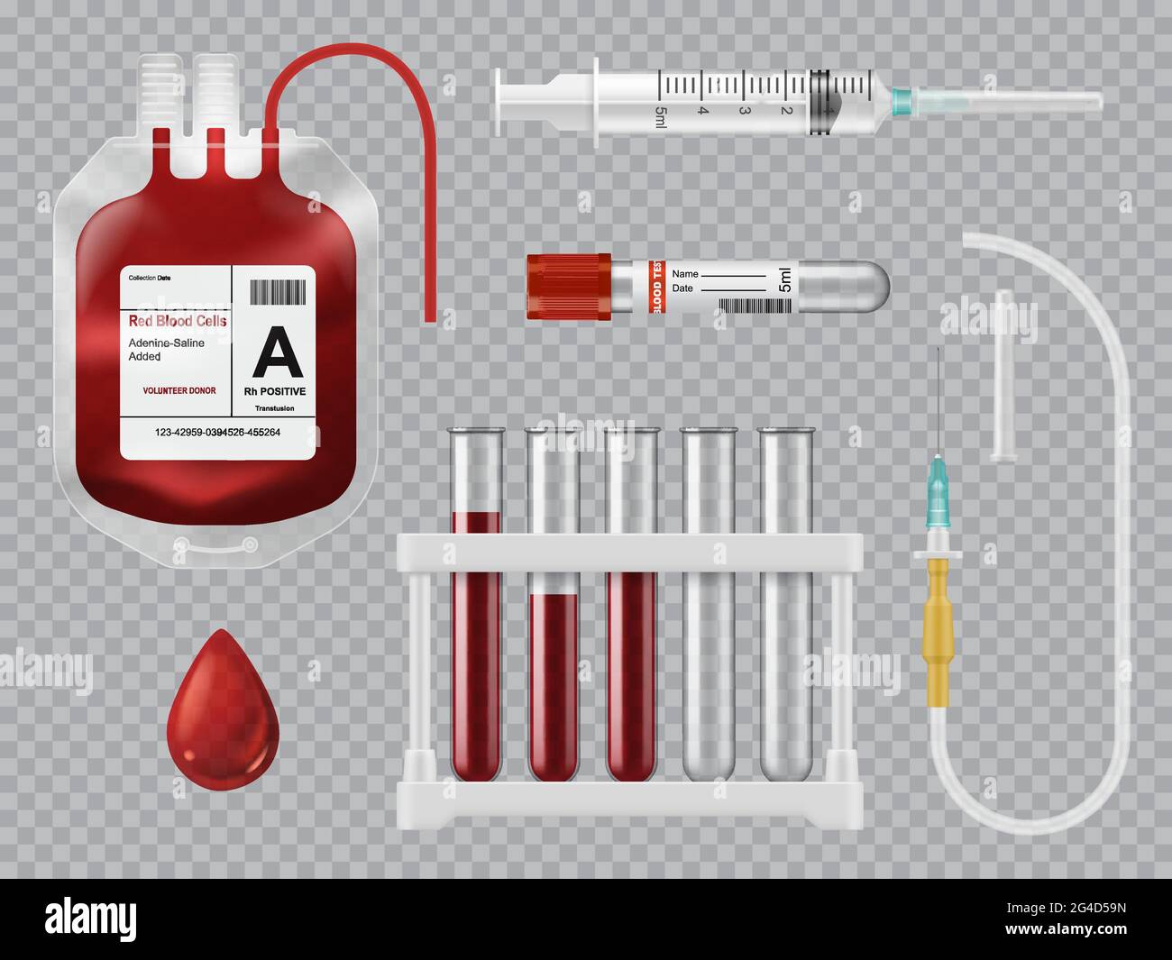 Blutspende, Transfusion und Testgeräte. Realistischer Vektor-Blutbeutel mit roten Zellen, Labor- und Vakuumsammelschlauch, Injektionsset Stock Vektor