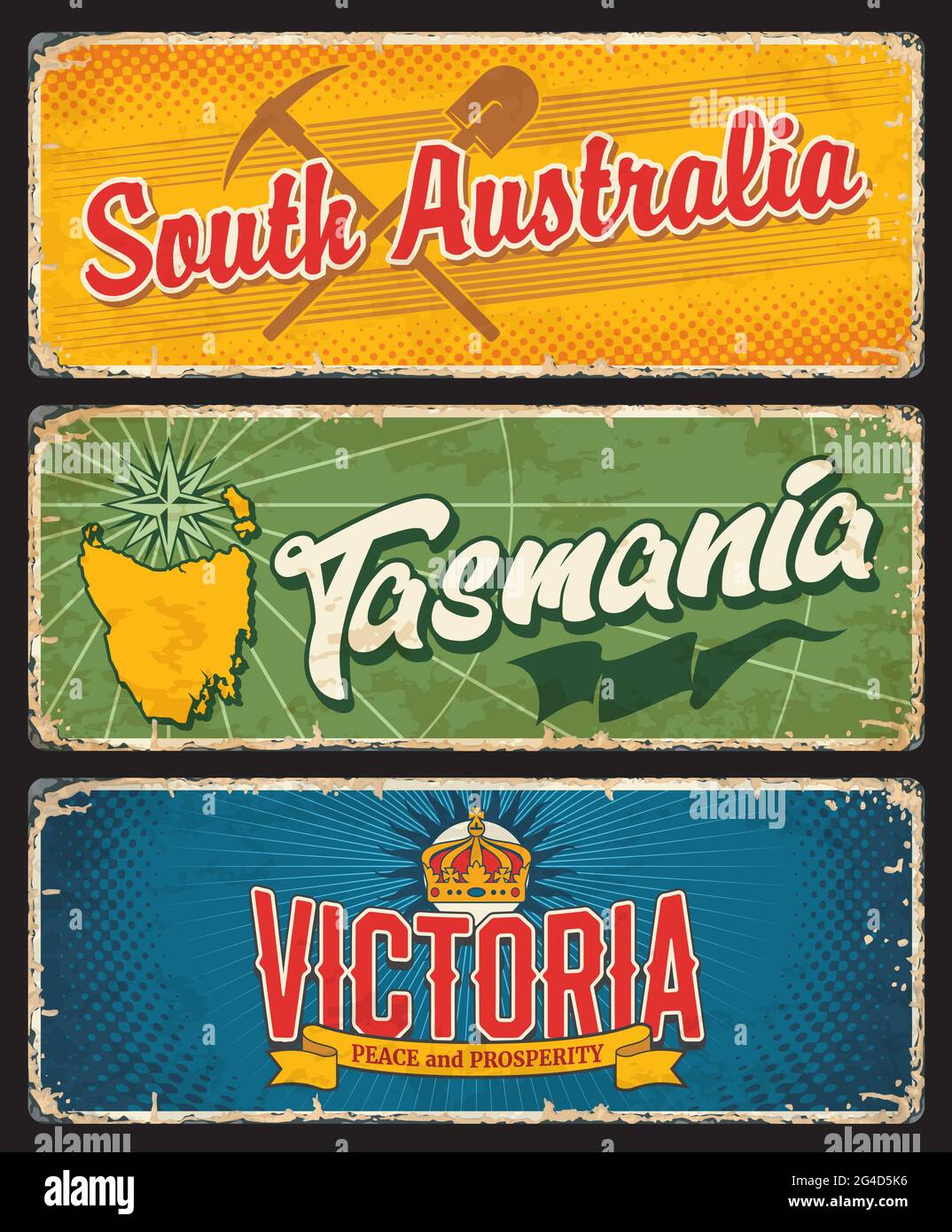 South Australia, Tasmanien und Victoria States, australische Insel und Staaten vintage Platten. Vektor-Karte von Tasmanien Insel, Krone, antike Windrose, m Stock Vektor