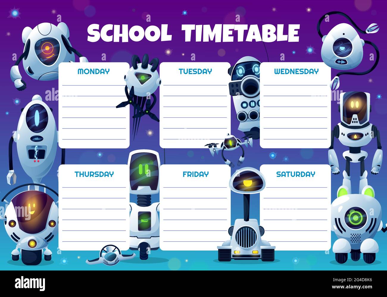 Roboter, Drohnen und Androiden Schule Zeitplan Vektor-Vorlage. Pädagogische Karikatur Zeitplan, Kinder Zeitplan für den Unterricht. Wöchentlicher Planer Rahmendesign w Stock Vektor