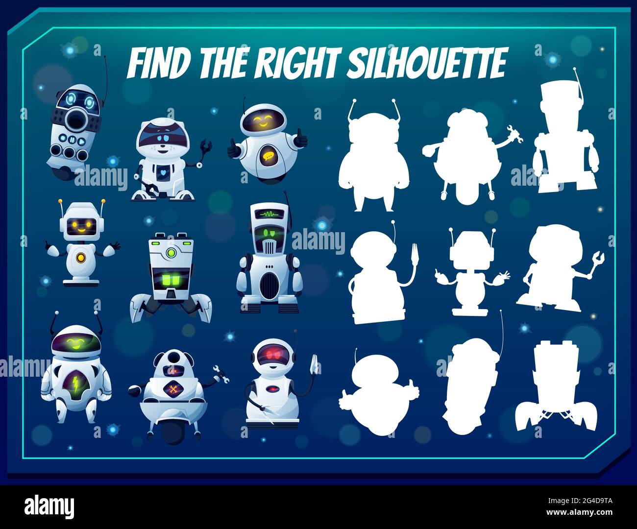 Kinder Spiel finden Sie die richtige Roboter Silhouette, Schatten Match Vektor Rätsel mit Cartoon Cyborgs. Logiktest für Kinder mit Androiden und künstlicher Intelligenz Stock Vektor