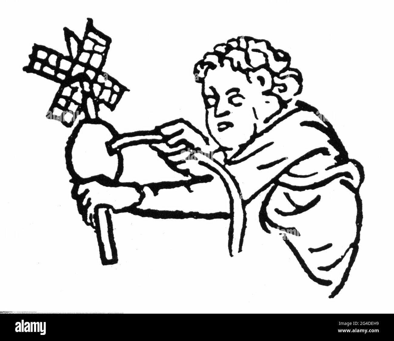 Mittelalter, Menschen, Kinder, ein Kind spielt mit einem Propeller, der von einer Schnur angetrieben wird, das URHEBERRECHT VON ARTIST's MUSS NICHT FREIGEGEBEN WERDEN Stockfoto