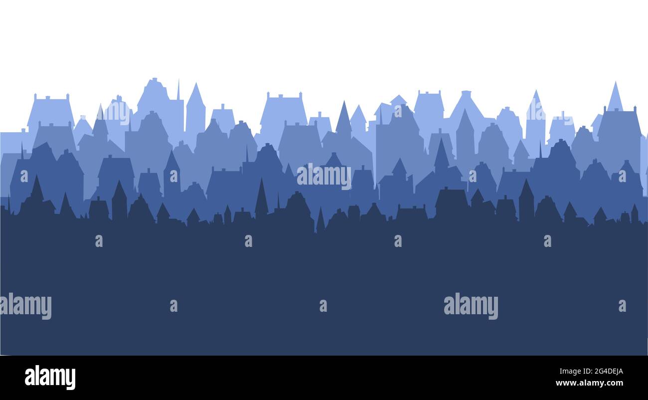 Kleine Stadt Straßen Silhouette. Dächer von Häusern. Landschaft auf dem Land. Flacher Cartoon-Stil. Nahtlose Illustration. Isoliert auf weißem Hintergrund. Vektorgrafiken Stock Vektor