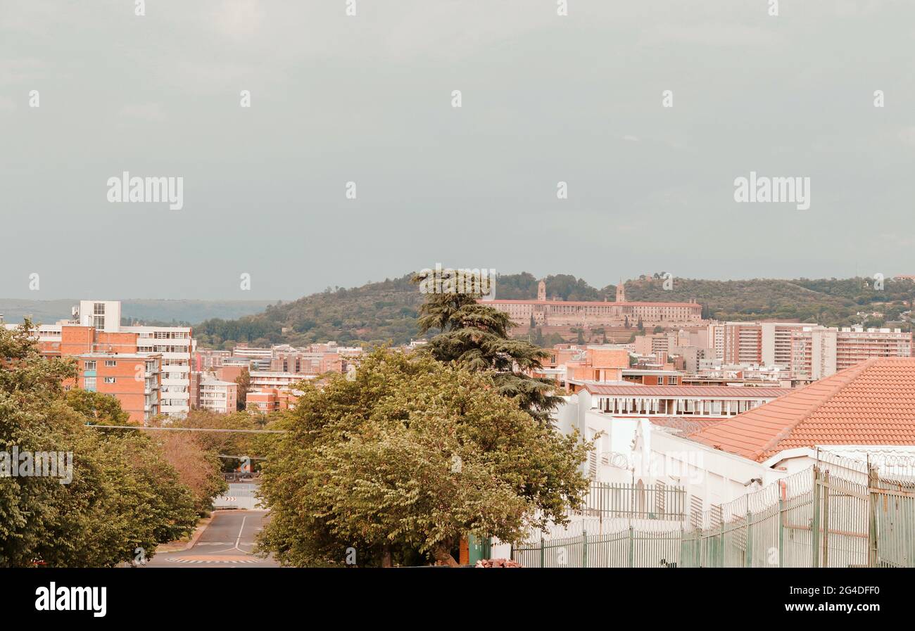 Ein Blick auf die Union Buildings, Pretoria.EIN Blick auf Pretoria's zentrales Geschäftsviertel. Stockfoto