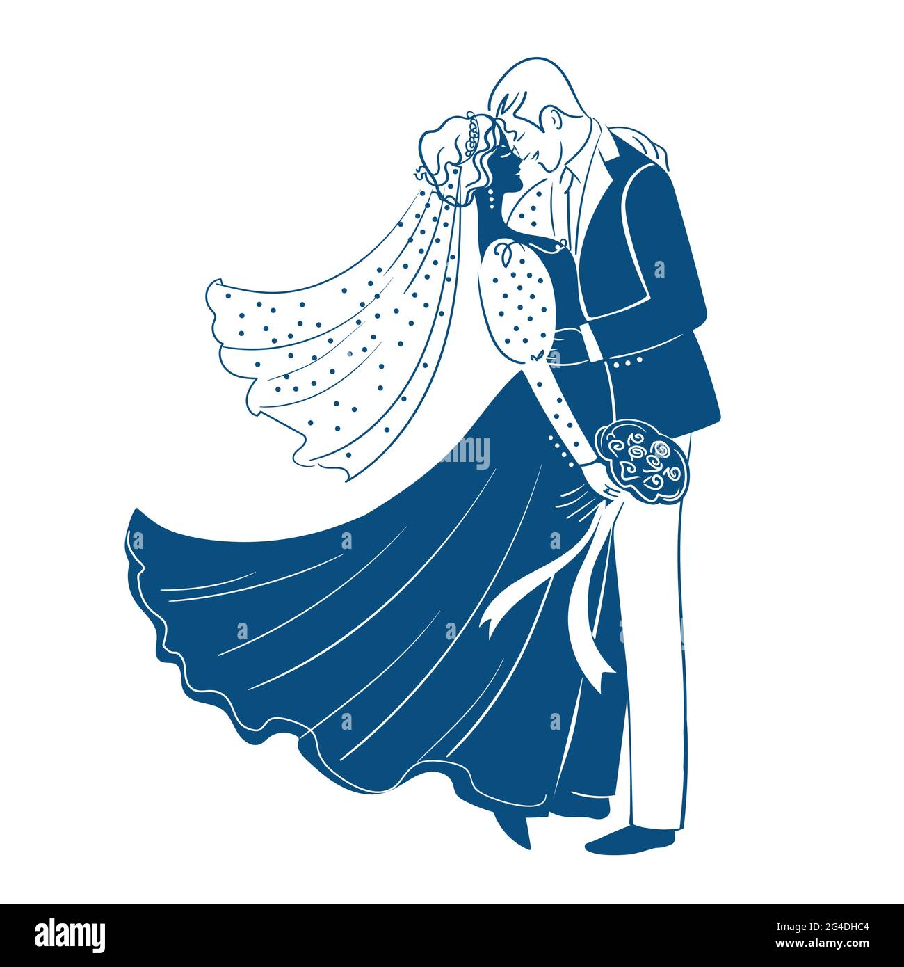 Blaue Silhouetten der Braut und des Bräutigams mit einem Bouquet. Stock Vektor isolierte Abbildung auf weißem Hintergrund.Mischehe.interracial Ehe. Stock Vektor