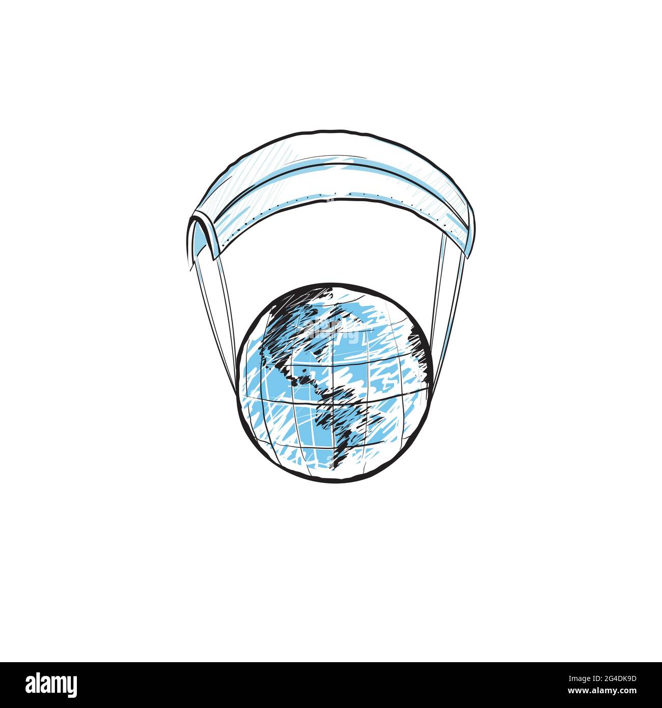 Cartoon Globe oder Erde springen Fallschirm medizinische Maske auf weißem Hintergrund isoliert. Konzept des Schutzes vor covid-19.die Welt wird gerettet werden durch Stock Vektor