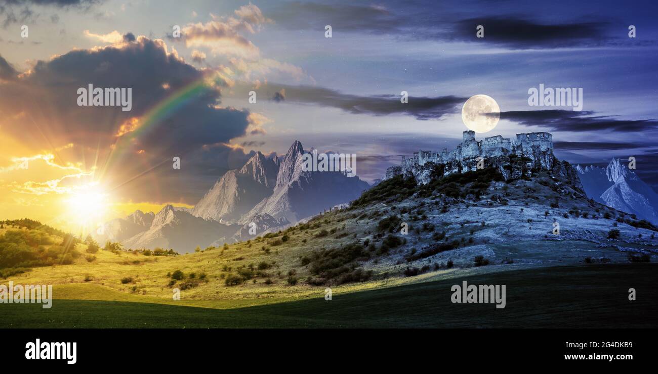 Tag- und Nachtwechsel-Konzept über der Burg auf dem Hügel. Zusammengesetzte Fantasielandschaft. Wiese im Vordergrund. Felsige Gipfel des Grates Stockfoto