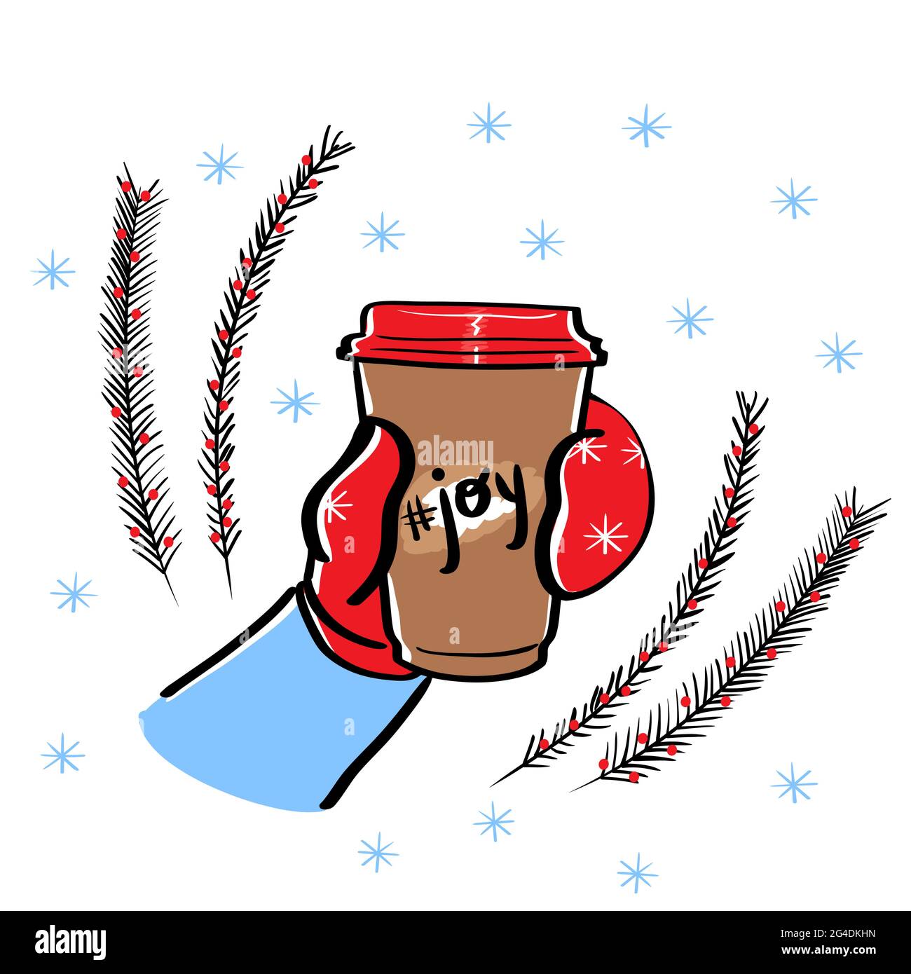 Kaffeebecher. Kaffee zum trinken. Vector Winter Grußkarte mit heißem Kaffee zum Mitnehmen, Schnee, Schneeflocken und Fichtenzweig.EINE Hand mit Handschuhen hält ein Glas Getränk Stock Vektor