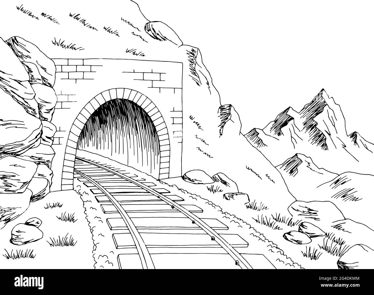 Eisenbahntunnel Bergbahn Grafik schwarz weiß Landschaft Skizze Illustration Vektor Stock Vektor