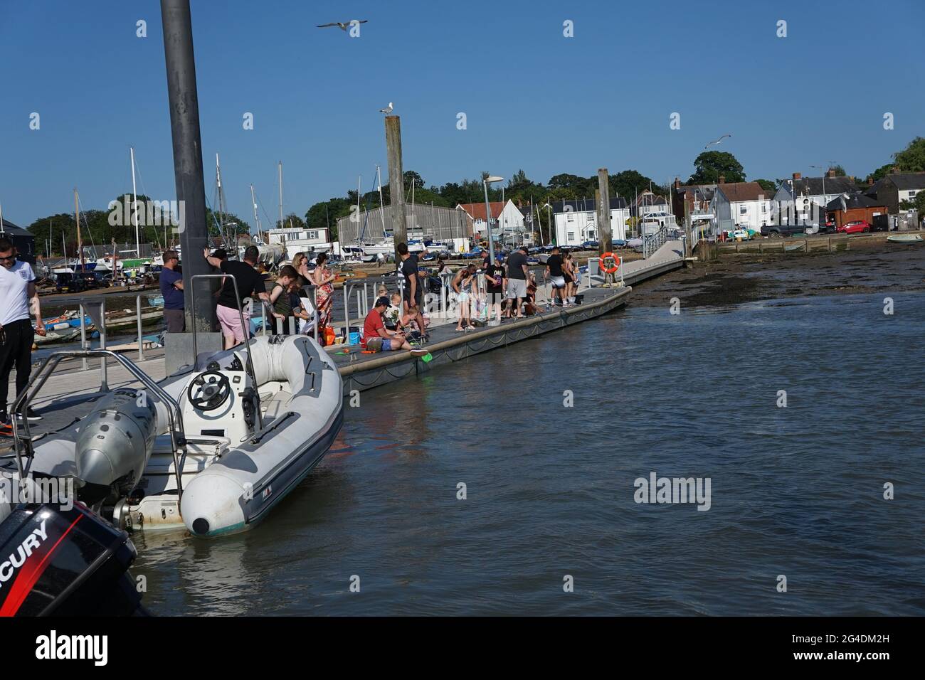 Kinder, die auf dem Pier nach Krabben fischen Stockfoto