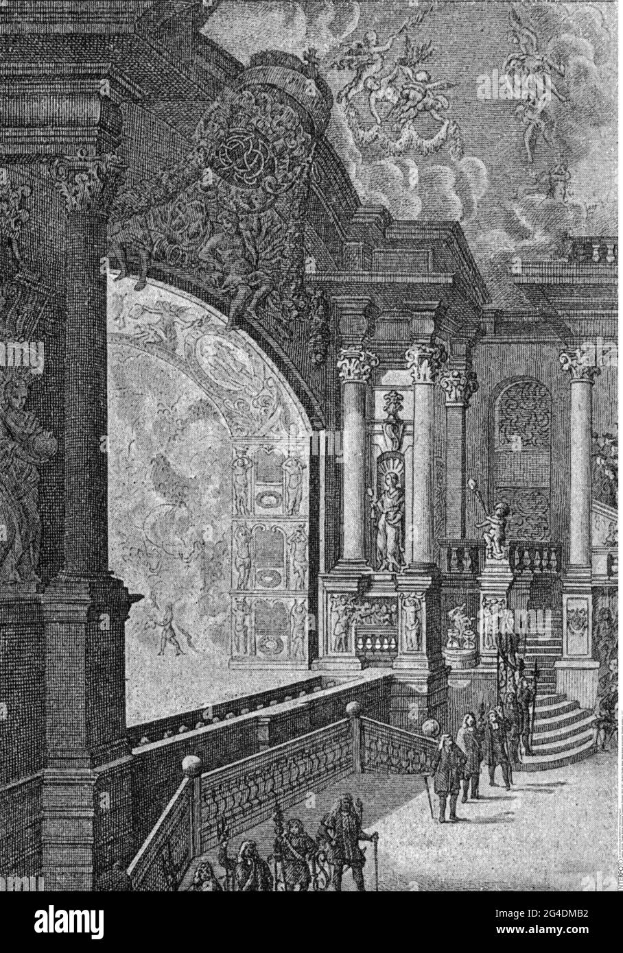 Theater / Theater, Bühne / Bühnenbild, Proszenium, Dresden, Gravur, 1667, DAS URHEBERRECHT VON ARTIST'S DARF NICHT GELÖSCHT WERDEN Stockfoto