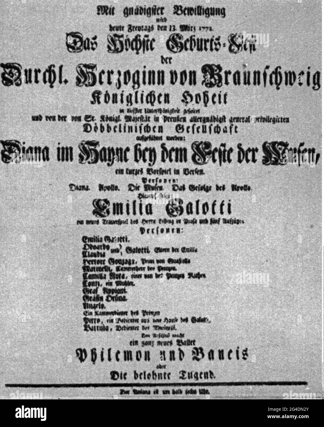 Theater / Theater, Theaterstück, 'Emilia Galotti', von Gotthold Ephraim Lessing (1729 - 1781), Uraufführung, ARTIST'S COPYRIGHT MUSS NICHT FREIGEGEBEN WERDEN Stockfoto