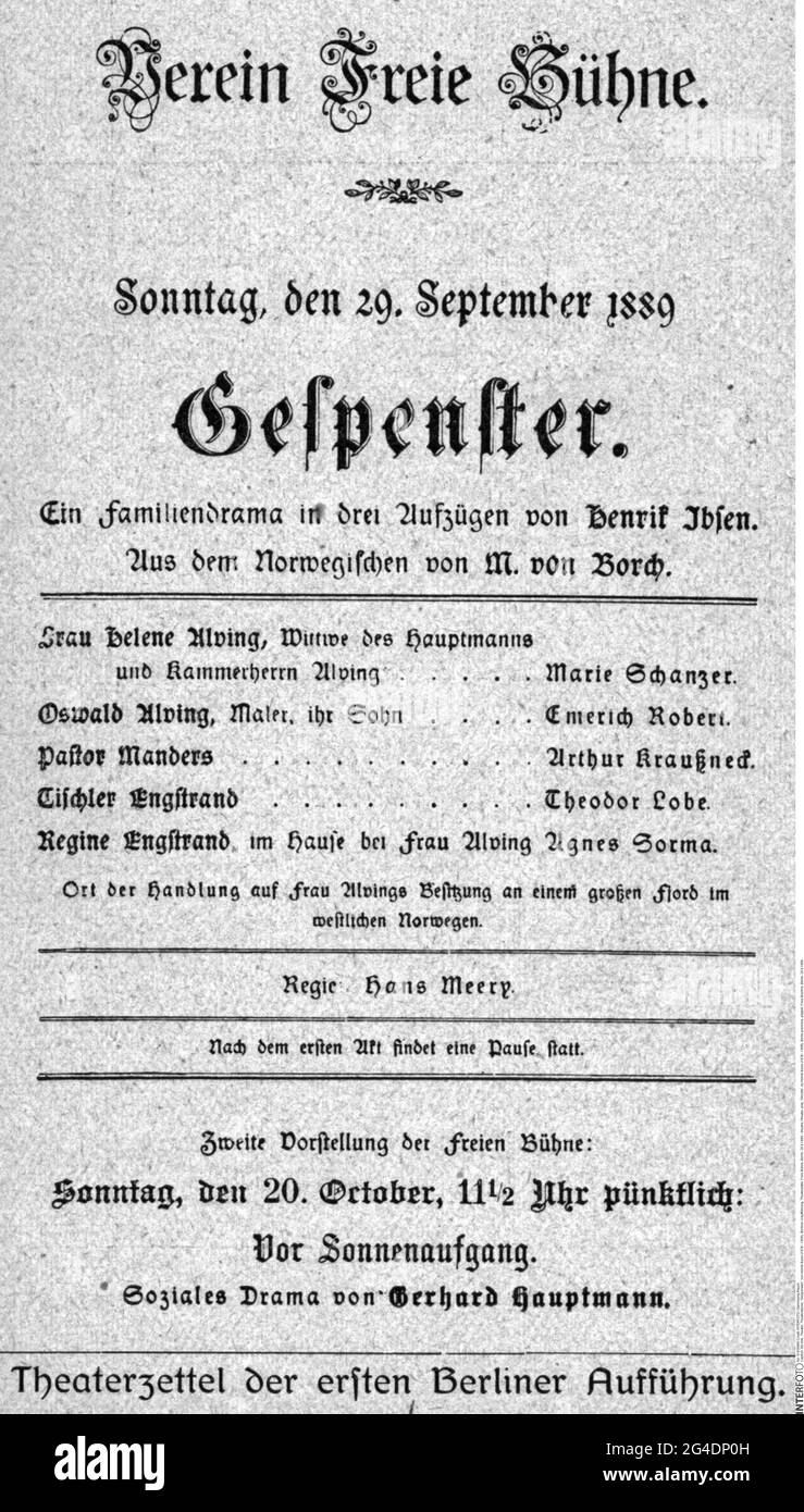 Theater / Theater, Theaterstück, 'Ghosts', von Henrik Ibsen (1828 - 1906), Berlin-Premiere, Dramatik, Freie Buehne, ARTIST'S DAS URHEBERRECHT IST NICHT FREIZUGEBEN Stockfoto