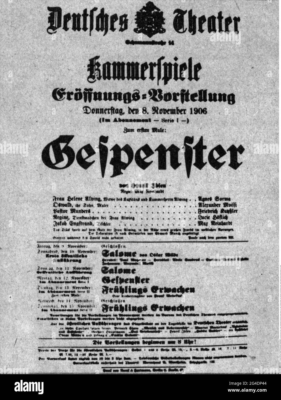 Theater / Theater, Theaterstück, 'Geister', von Henrik Ibsen (1828 - 1906), Theaterstück, Deutsches Theater, Berlin, ARTIST'S DAS URHEBERRECHT MUSS NICHT FREIGEGEBEN WERDEN Stockfoto