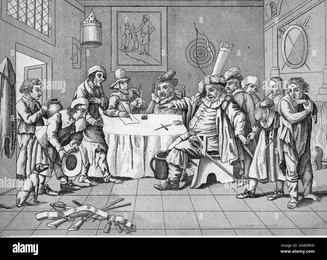 Theater / Theater, Theaterstück, 'Henry IV', von William Shakespeare (1564 - 1616), Falstaff prüft seine Rekruten, DAS URHEBERRECHT DES KÜNSTLERS MUSS NICHT FREIGEGEBEN WERDEN Stockfoto