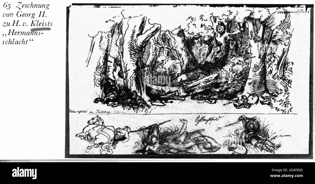 Theater / Theater, Theaterstück, 'die Hermannsschlacht', von Heinrich von Kleist (1777 - 1811), Zeichnung, ARTIST'S COPYRIGHT DARF NICHT GEKLERT WERDEN Stockfoto