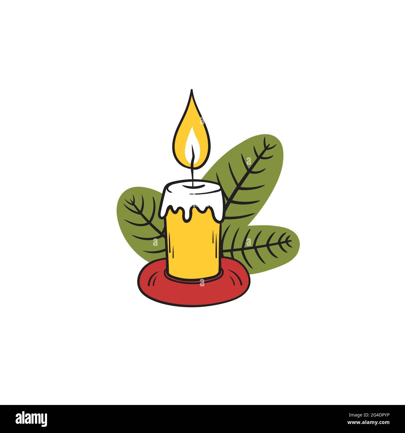 Weihnachten Stock Illustration mit Weihnachtskerze mit Flamme und grünen Tannenzweigen isoliert auf weißem Hintergrund.Cartoon farbigen Aufkleber.Handzeichnung Stock Vektor