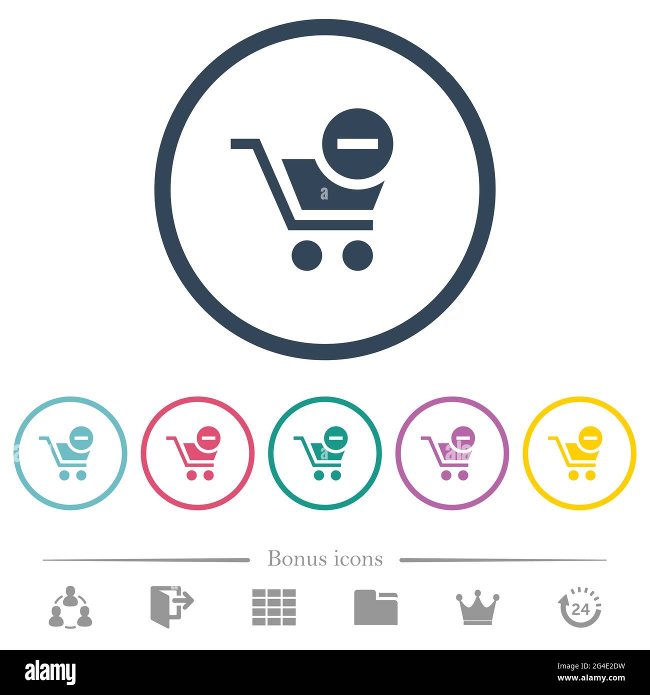 Artikel aus dem Warenkorb entfernen flache Farbsymbole in runden Umrissen. 6 Bonus-Symbole enthalten. Stock Vektor