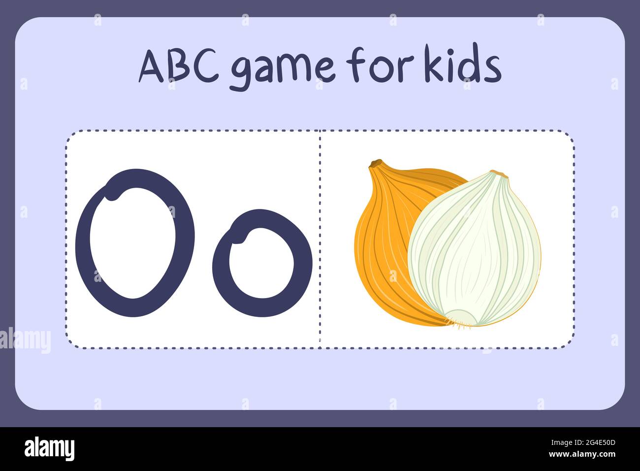 Kind Alphabet Mini-Spiele im Cartoon-Stil mit dem Buchstaben O - Zwiebel. Vektor-Illustration für Spiel-Design - Schneiden und spielen. Lerne abc mit Flash-Karten für Obst und Gemüse. Stock Vektor