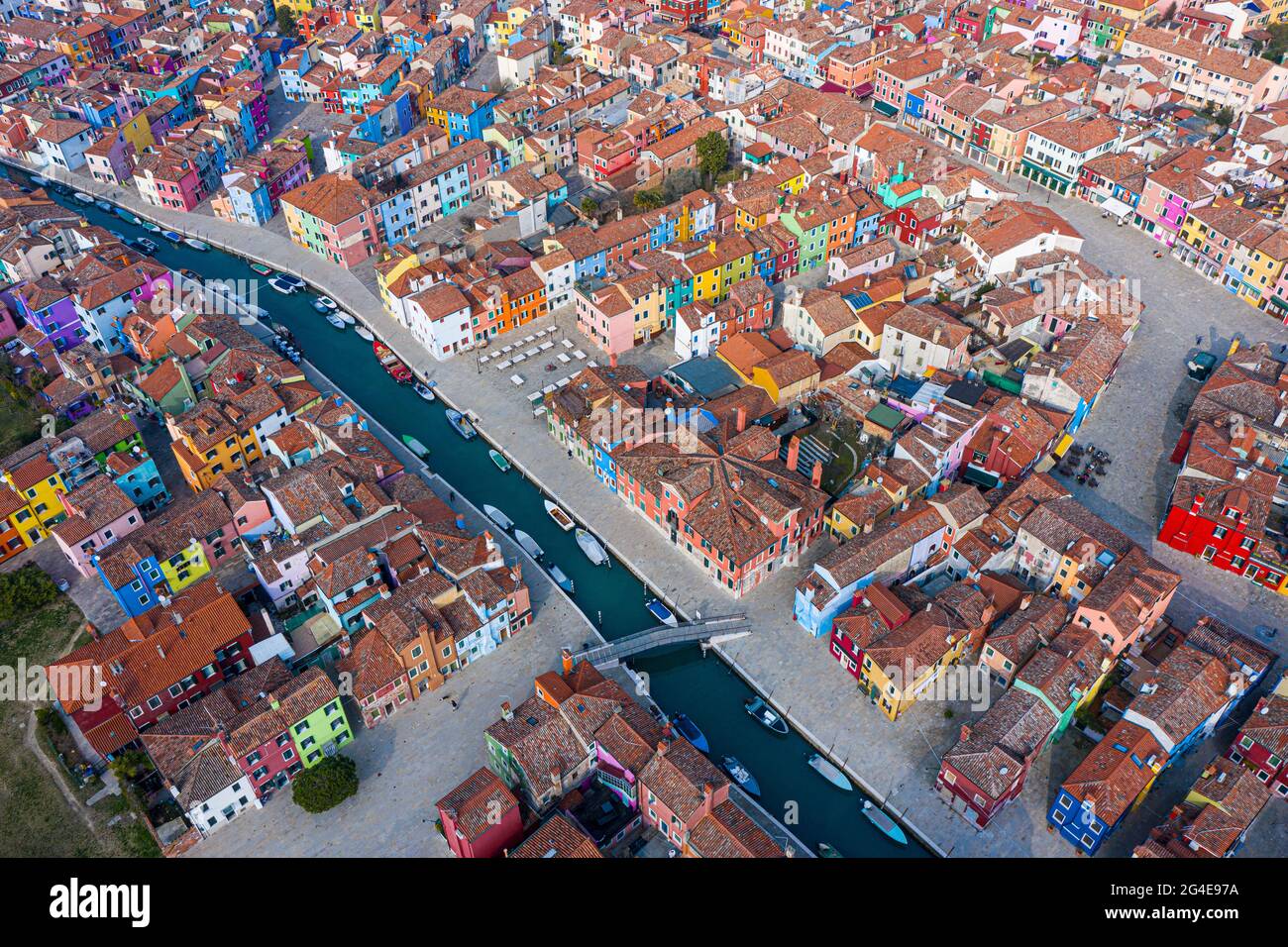 Luftaufnahme der bunten Häuser der Insel Burano, Italien, Venedig Stockfoto