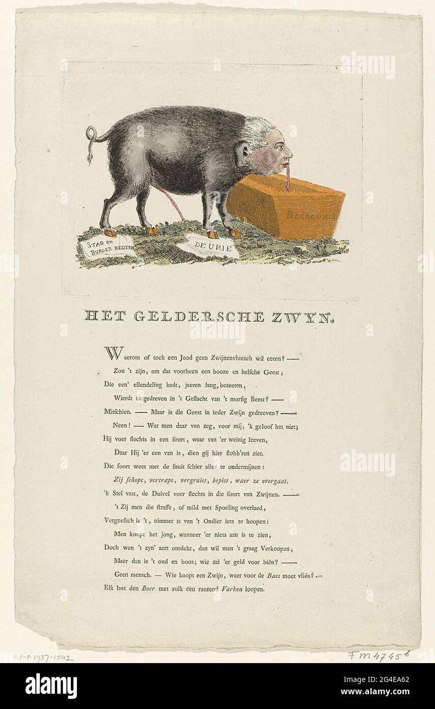 Karikatur Auf Stadholder Willem V 1786 Der Prinz Stellte Sich Als Ein Wildschwein Vor Das Aus Einer Schussel Mit Burgunder Wein Trinkt Und Gleichzeitig Die Stadt Und Burgerrechte Spuckt Und Auf