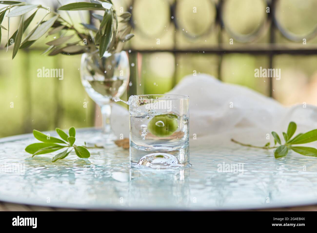 Hausgemachter Sommercocktail. Harter Seltzer mit grüner Olive. Sommerhintergrund. Elegante Cocktails auf dem Hintergrund. Dekorative grüne Blätter und Zweig der Stockfoto