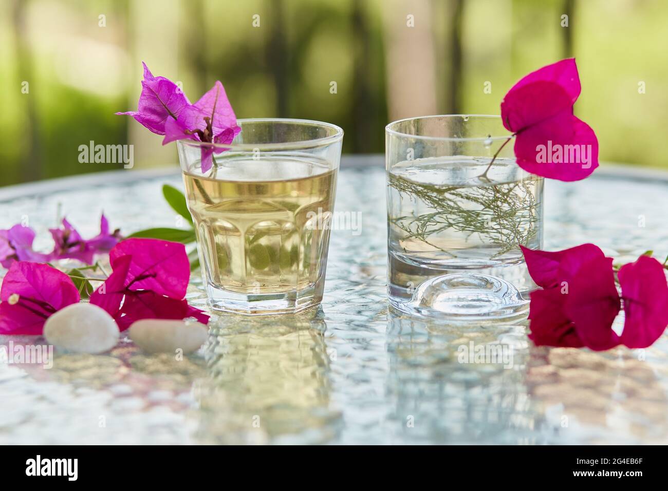 Im Sommer werden hausgemachte Cocktails aus der Nähe serviert und rosa Blumen mit Bougainvillea-Dekorationen und pubbles. Sommertapete. Stockfoto