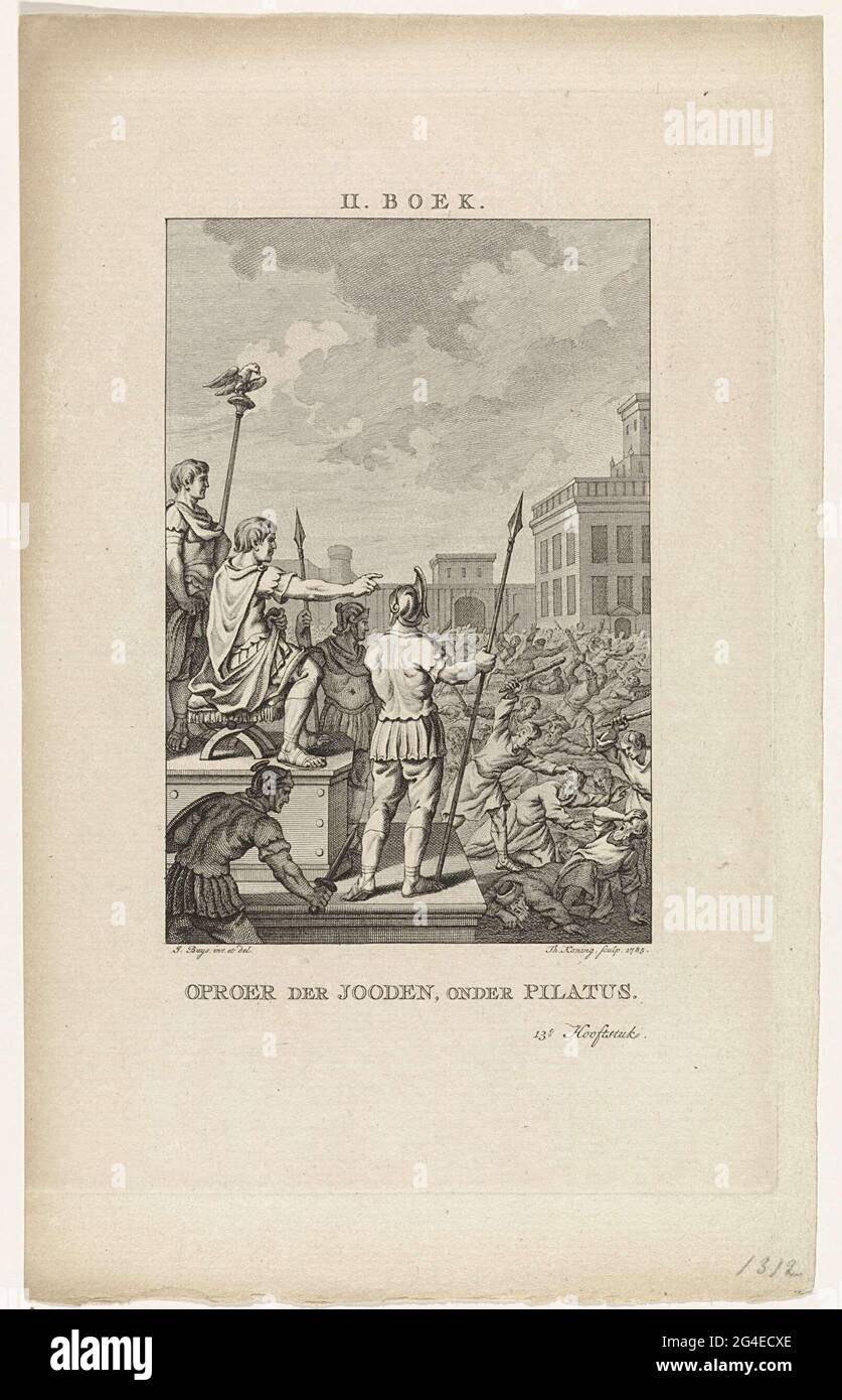 . In Caesarea schlagen die Soldaten von Pontius Pilatus eine Rebellion der Juden an, während Pilatus von seinem Thron aus wacht. Die Rebellion wurde geschaffen, weil Pilatus Lettel mit Bildern hängen ließ, mit denen er eines der zehn verbotenen beschlagnahmte. Dieser Druck ist eine Illustration des dreizehnten Kapitels des zweiten Buches von 'Alle Werke von Flavius Josephus'. Stockfoto