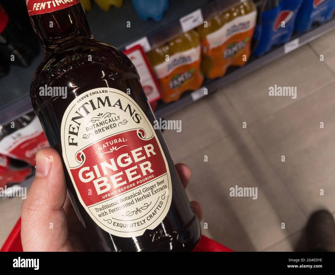 Bild einer Flasche Ingwerbier mit dem Logo von Fentimans zum Verkauf in Belgrad. Fentimans ist eine botanische Brauerei mit Sitz in Hexham, Nord Stockfoto