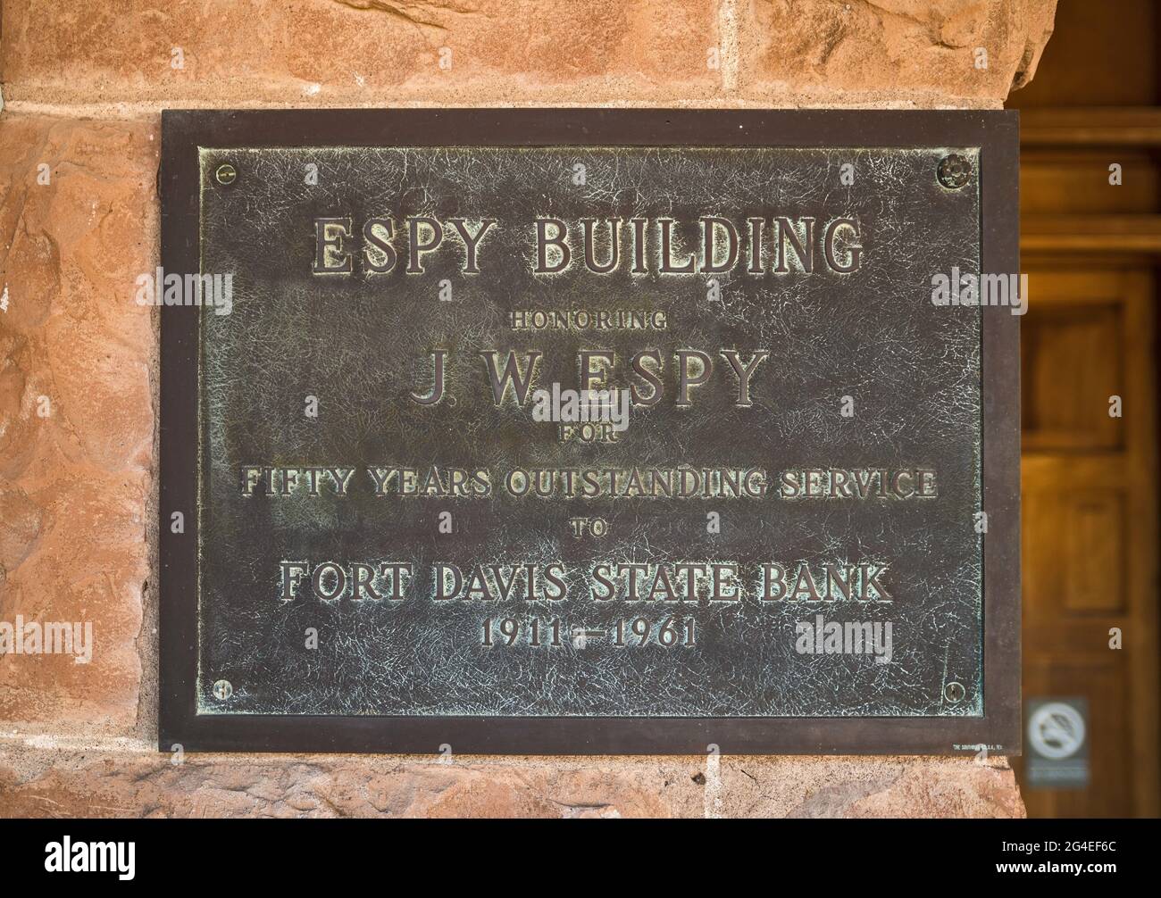 Schild am Espy Building, Fort Davis State Bank, Fort Davis, Texas, USA Stockfoto