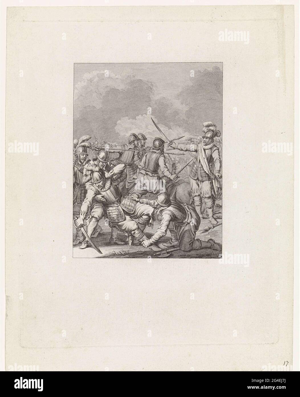 . Während eines Kampfes mit Mondragon findet Charles de Boisot den Tod auf dem Schlachtfeld, 29. September 1575. Dieser Druck ist Teil einer Serie von 24 Drucken mit Szenen aus dem Leben von Prinz Willem I., 1568-1584, und ist eine Illustration des siebzehnten Gesangs. Stockfoto