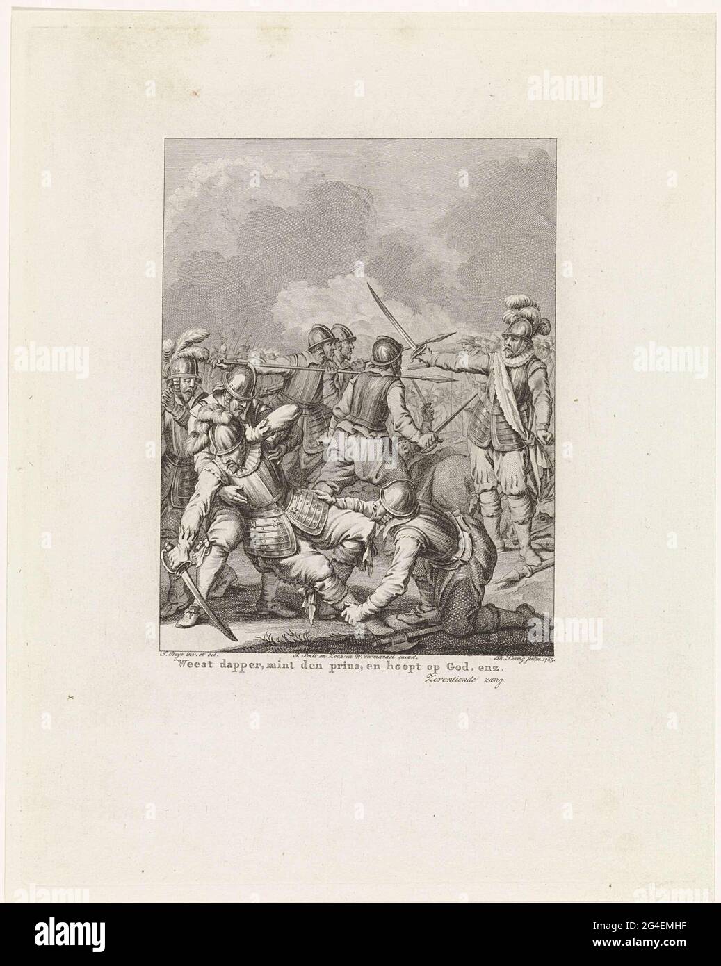 . Während eines Kampfes mit Mondragon findet Charles de Boisot den Tod auf dem Schlachtfeld, 29. September 1575. Dieser Druck ist Teil einer Serie von 24 Drucken mit Szenen aus dem Leben von Prinz Willem I., 1568-1584, und ist eine Illustration des siebzehnten Gesangs. Stockfoto