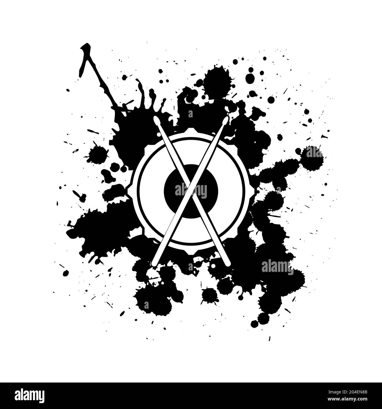 Vektorlogo der Rockschule oder Rockband. Snare Drum mit Trommeln und Tinte oder Farbtropfen und Blots. Rockmusik-Label. Schlagzeuger-Symbol. Vecor-Logo iso Stock Vektor