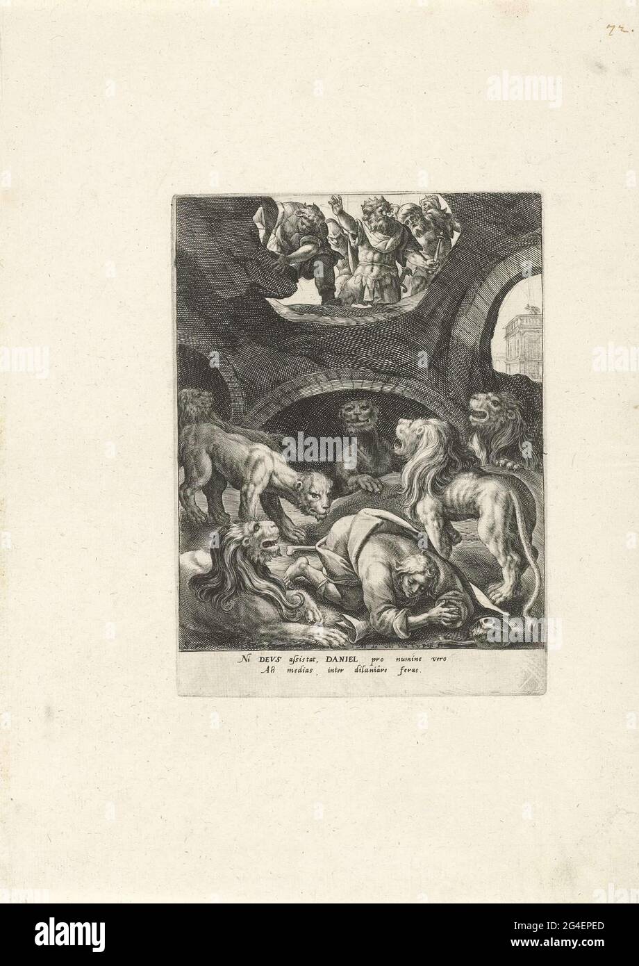 Daniel Auf Dem Boden In Einer Von Lowen Umgebenen Hohle Konig Darius Und Sein Verstand Am Rand Eine Zweibeinige Lateinische Bildunterschrift Stockfotografie Alamy