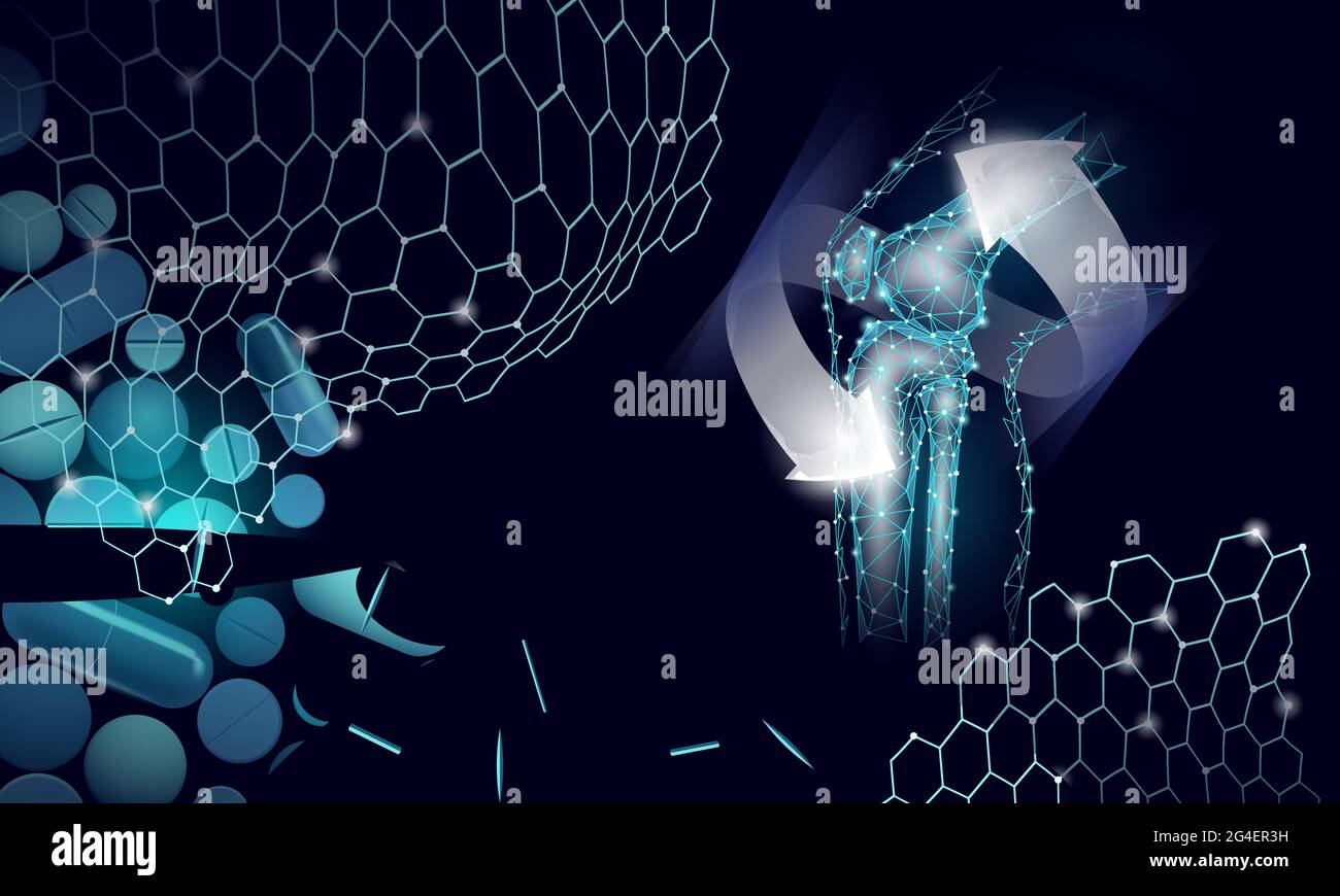 Menschliches Kniegelenk 3D. Medikamentöse Kapsel medizinische Behandlung. Low-Poly-Design Zukunft Technologie Heilung Schmerzen Erholung glühenden Pfeil Gel Medizin Vektor Stock Vektor