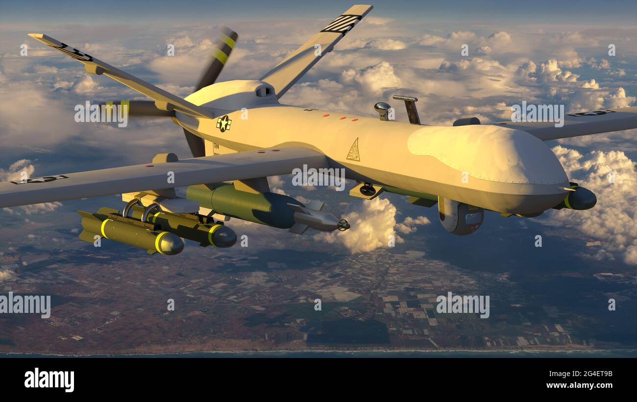 MQ-9 Reaper bekämpfen Drohne mit Waffen während einer Mission Stockfoto