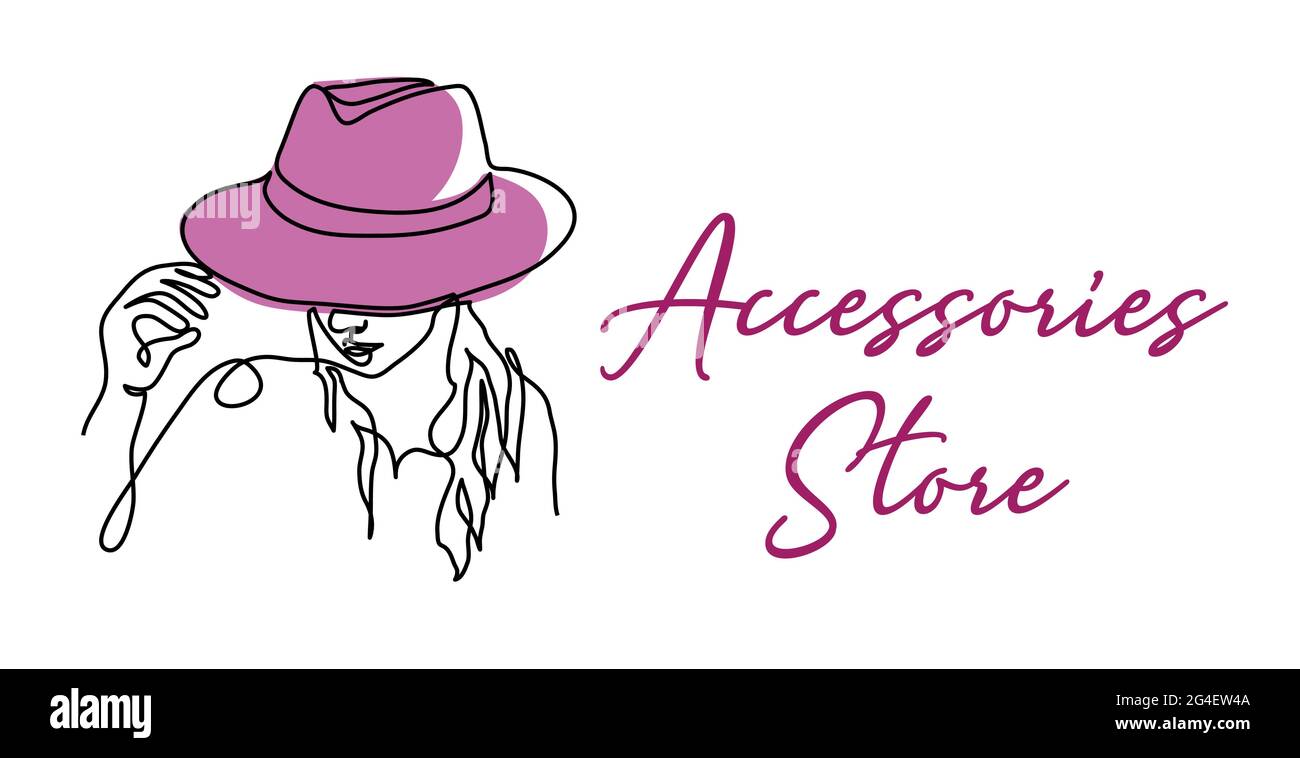 Accessoires Geschäft Schild, Schild. Mädchen in Hut eine kontinuierliche Linie Kunst Zeichnung. Frau mit Kopfschmuck auf ihrem Kopf Stock Vektor