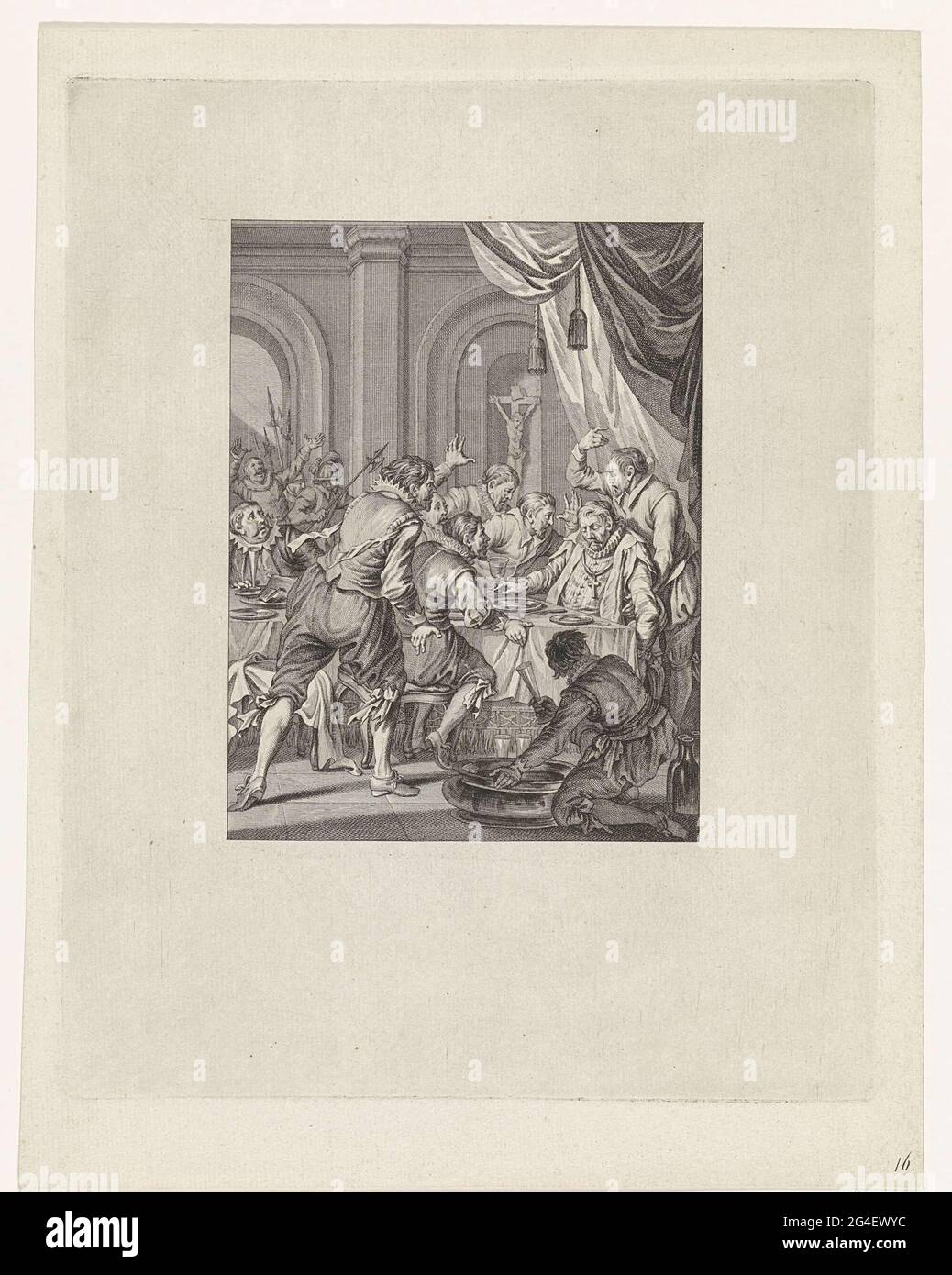 . Der spanische Armeeführer und Gouverneur der Niederlande Requesens stirbt unerwartet am Tisch während eines Banketts in Brüssel am 5. März 1576. Um ihn herum sind verängstigte Männer, die Gesten machen wollten. Dieser Druck ist Teil einer Serie von 24 Grafiken mit Szenen aus dem Leben von Prinz Willem I, 1568-1584, und ist eine Illustration beim sechzehnten Gesang. Stockfoto