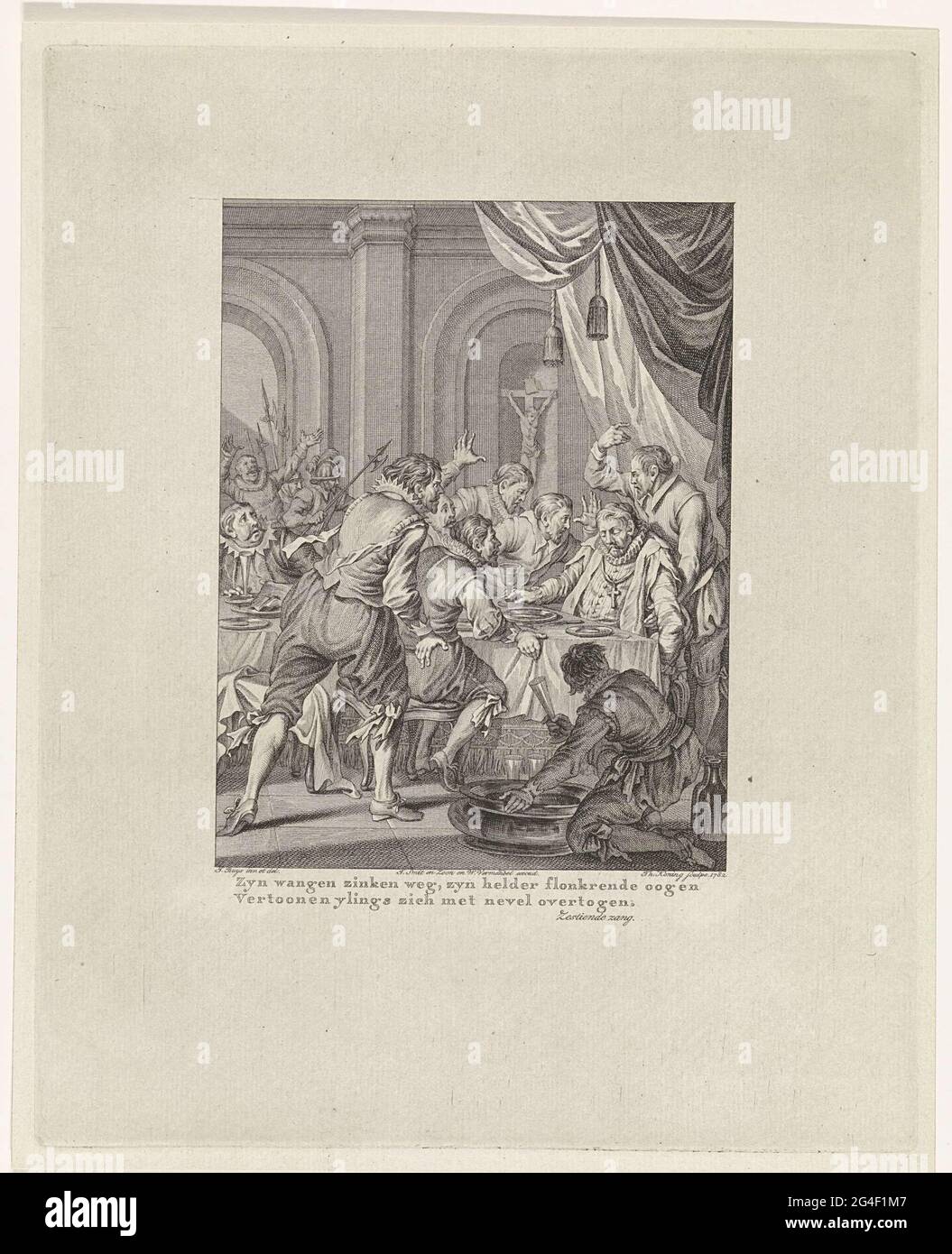 . Der spanische Armeeführer und Gouverneur der Niederlande Requesens stirbt unerwartet am Tisch während eines Banketts am 5. März 1576 in Brüssel. Um ihn herum feuerten Männer, die Gesten machen wollten. Dieser Druck ist Teil einer Serie von 24 Grafiken mit Szenen aus dem Leben von Prinz Willem I, 1568-1584, und ist eine Illustration beim sechzehnten Gesang. Stockfoto