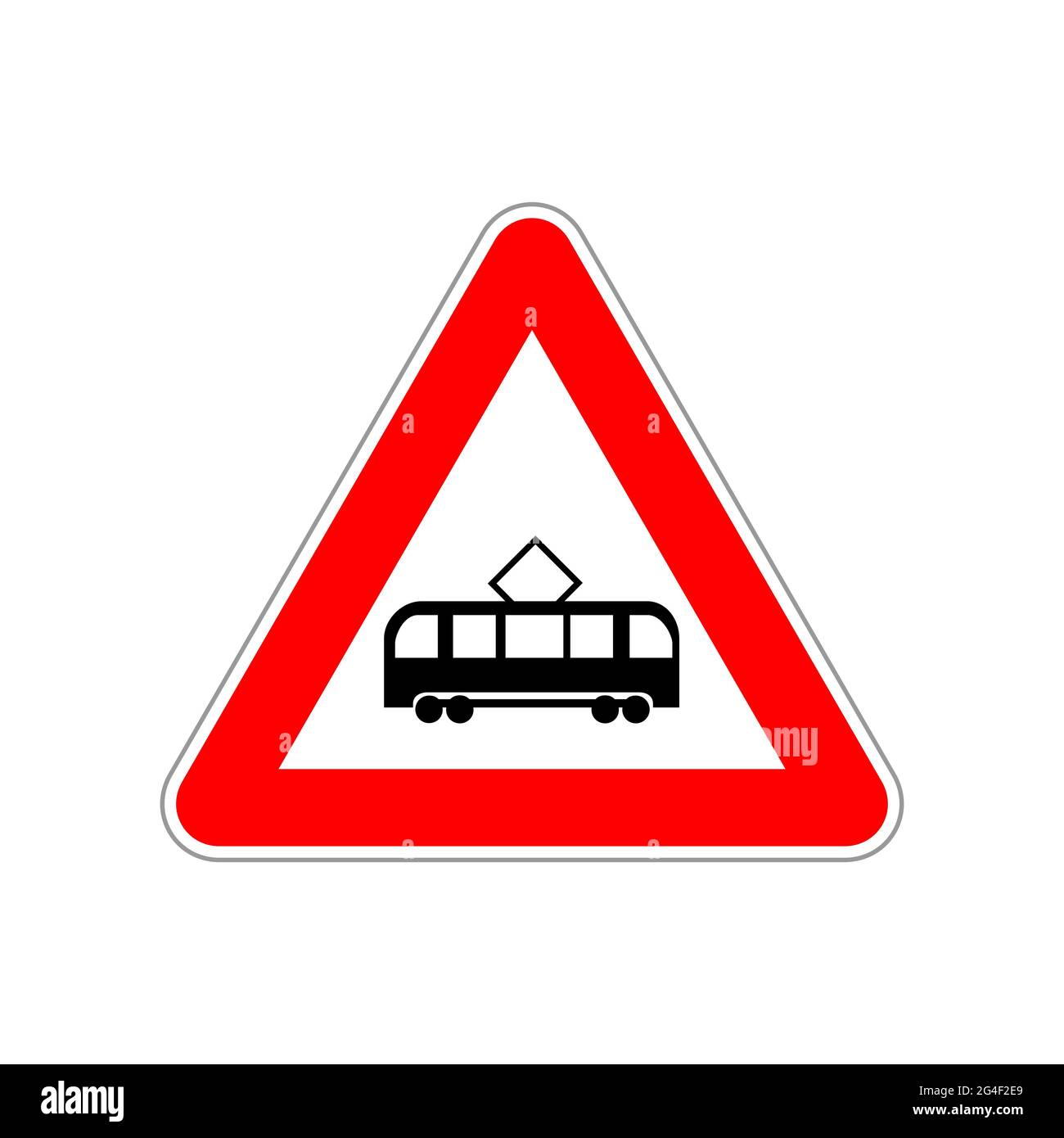 Tram-Symbol auf dem Dreieck rot und weiß Straßenschild auf weiß Stock Vektor