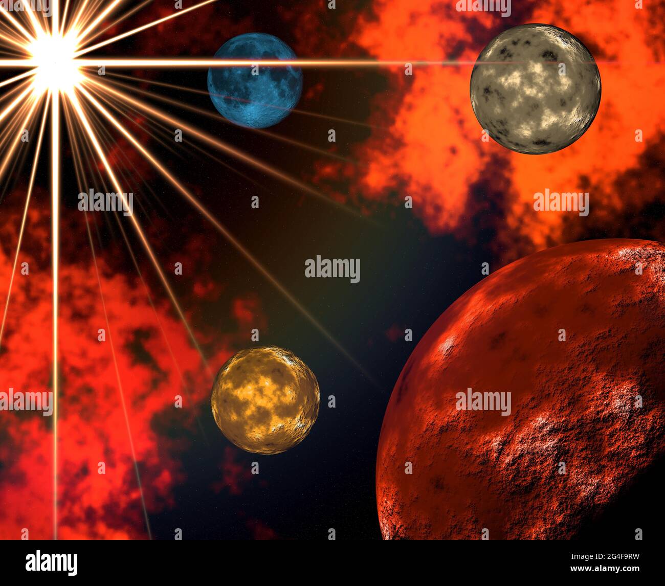 Computergeneriertes hochauflösendes Bild des Sonnensystems mit Sternenhimmel Stockfoto